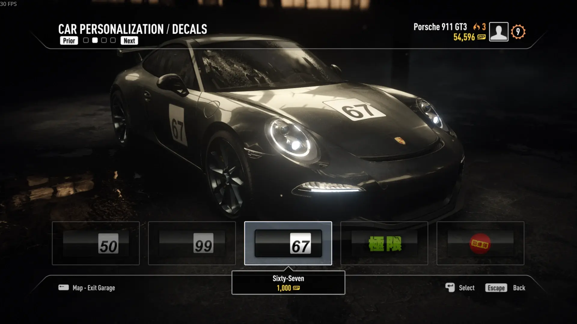 a black Porsche 911 GT3 in a garage with the car personalization / decals menu open
the currently selected decal is a white square with the black number 67 on it