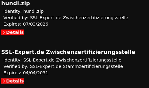 a certificate chain including "hundi.zip" and "SSL-Expert.de"