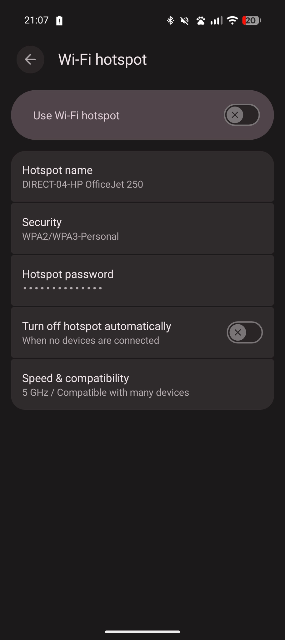 android wifi hotspot setting showing one named after a HP office jet