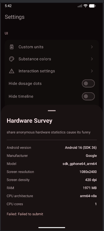 a hardware survey screen on top of the psychonaut journal