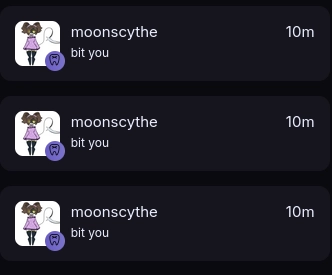 The Iceshrimp notifications pane, showing 3 notifications from 10 minutes ago.

All of them state that a user called `moonscythe` has bit me.