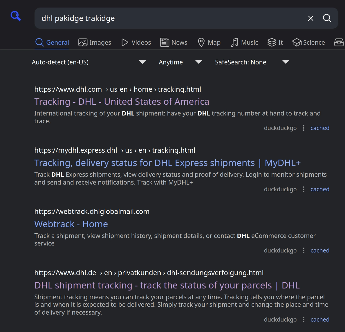 searxng search for dhl pakidge trakidge the results correctly showing tracking sites from DHL