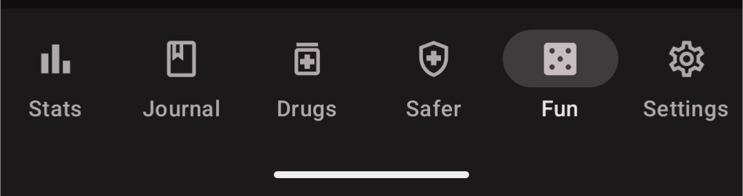 an Android bottom navigation bar showing the tabs: Stats, Journal, Drugs, Safer, Fun and Settings